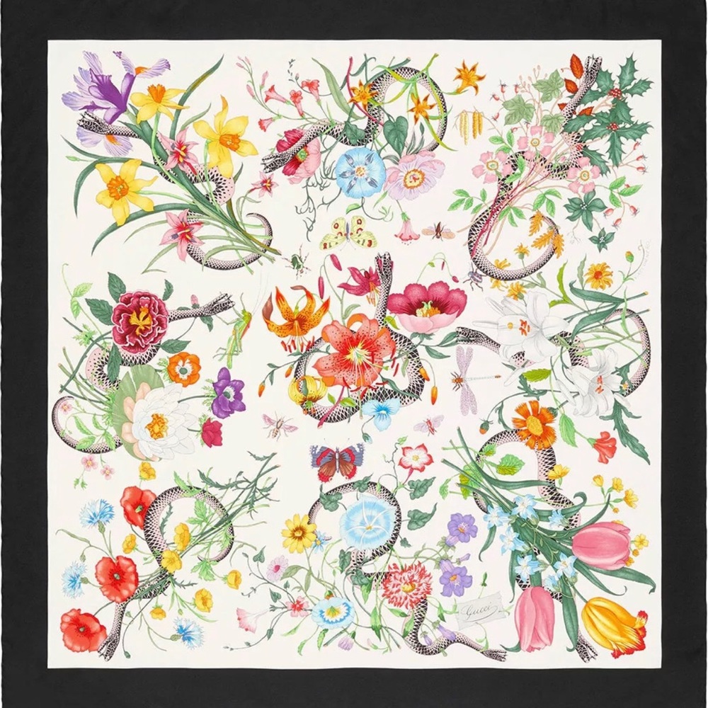 Gucci Flora Snake Print Silk Twill Scarf